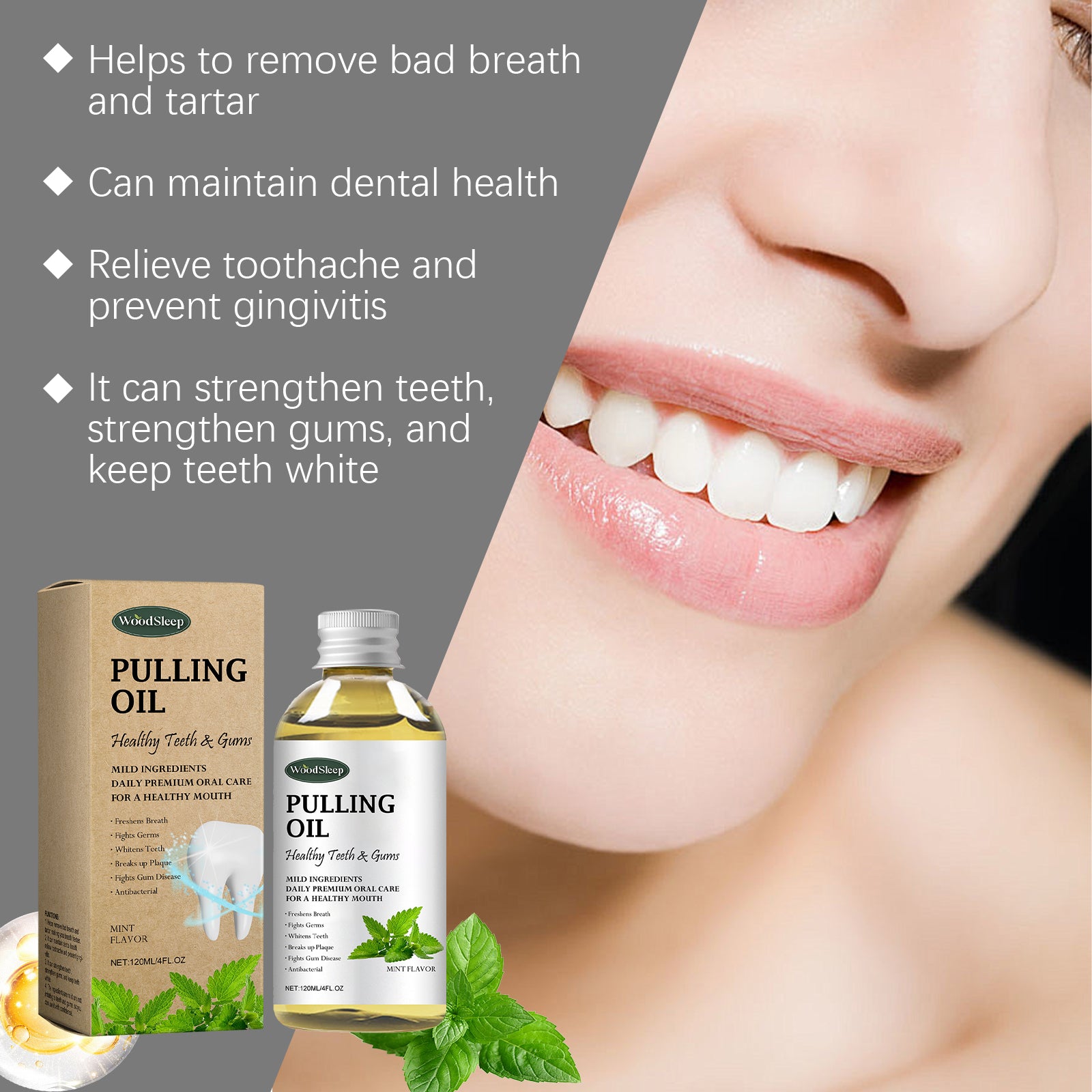 Product with benefits list callouts: removes bad breath, maintains dental health, relieves toothache, strengthens teeth and gums