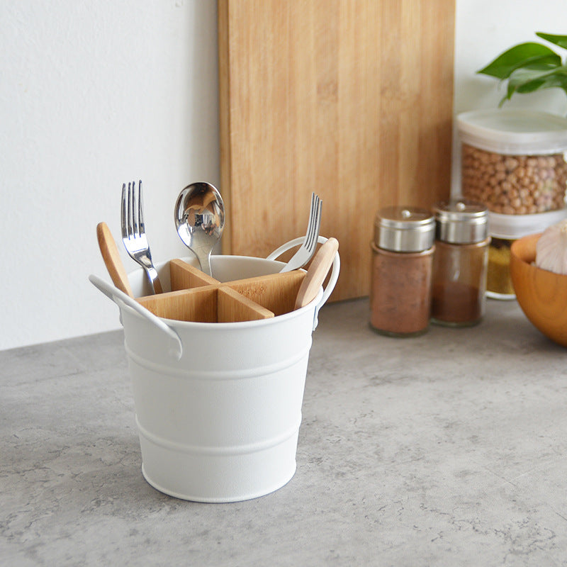 Metal Utensil Bucket with Bamboo Dividers for Kitchen