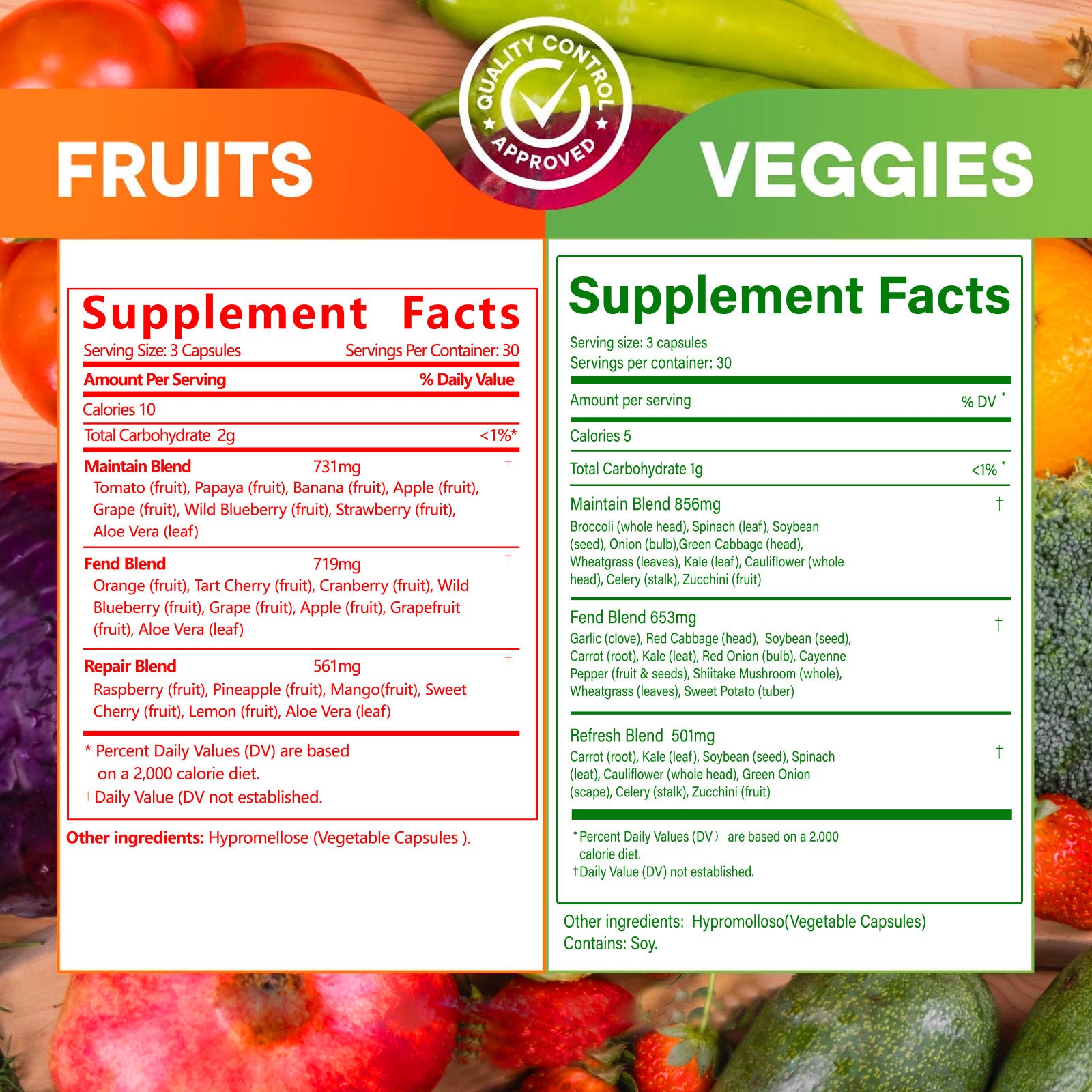 Close-up of Supplement Facts panels for both Fruits (red) and Veggies (green) with ingredient breakdowns