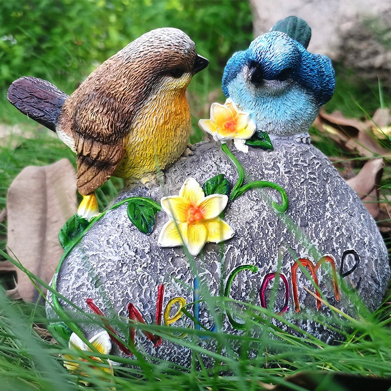 Garden Bird Welcome Stone with Hand-Painted Resin Birds