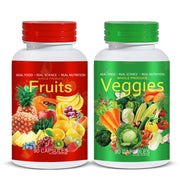 Two bright capsule bottles side-by-side: red Fruits and green Veggies with vibrant produce imagery