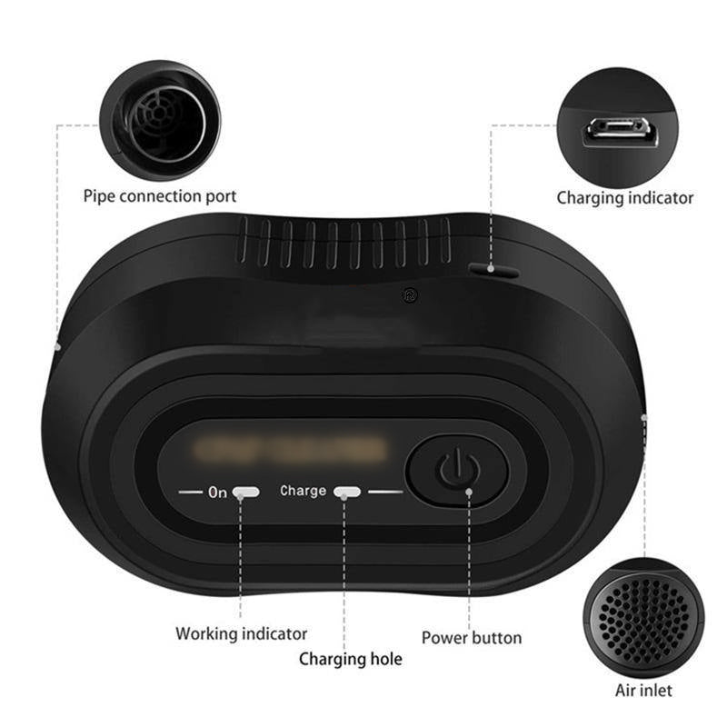 Detailed overhead diagram labeling pipe connection port, charging indicator, working indicator, power button, charging hole, and air inlet