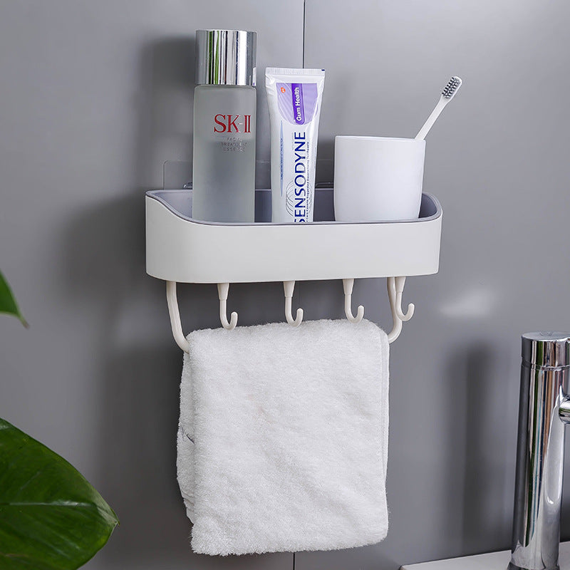 Punch-Free Bathroom Wall Shelf with Hooks and Towel Bar