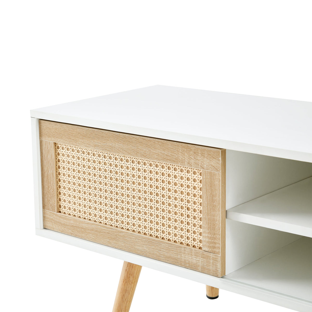 55-Inch Rattan TV Console with Sliding Doors and Storage