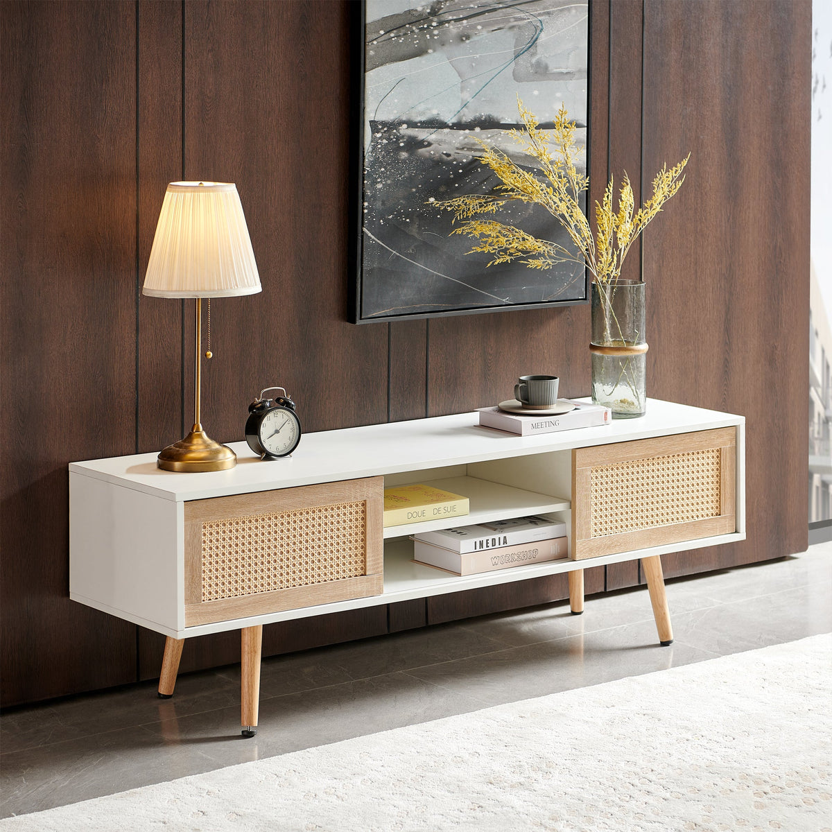 55-Inch Rattan TV Console with Sliding Doors and Storage