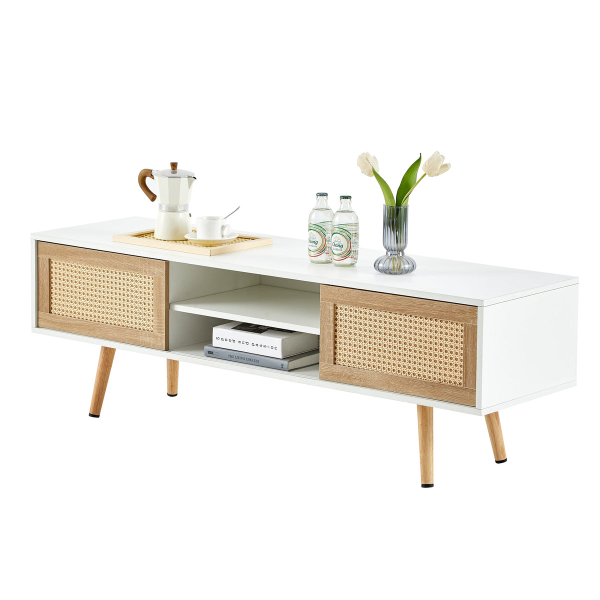 55-Inch Rattan TV Console with Sliding Doors and Storage