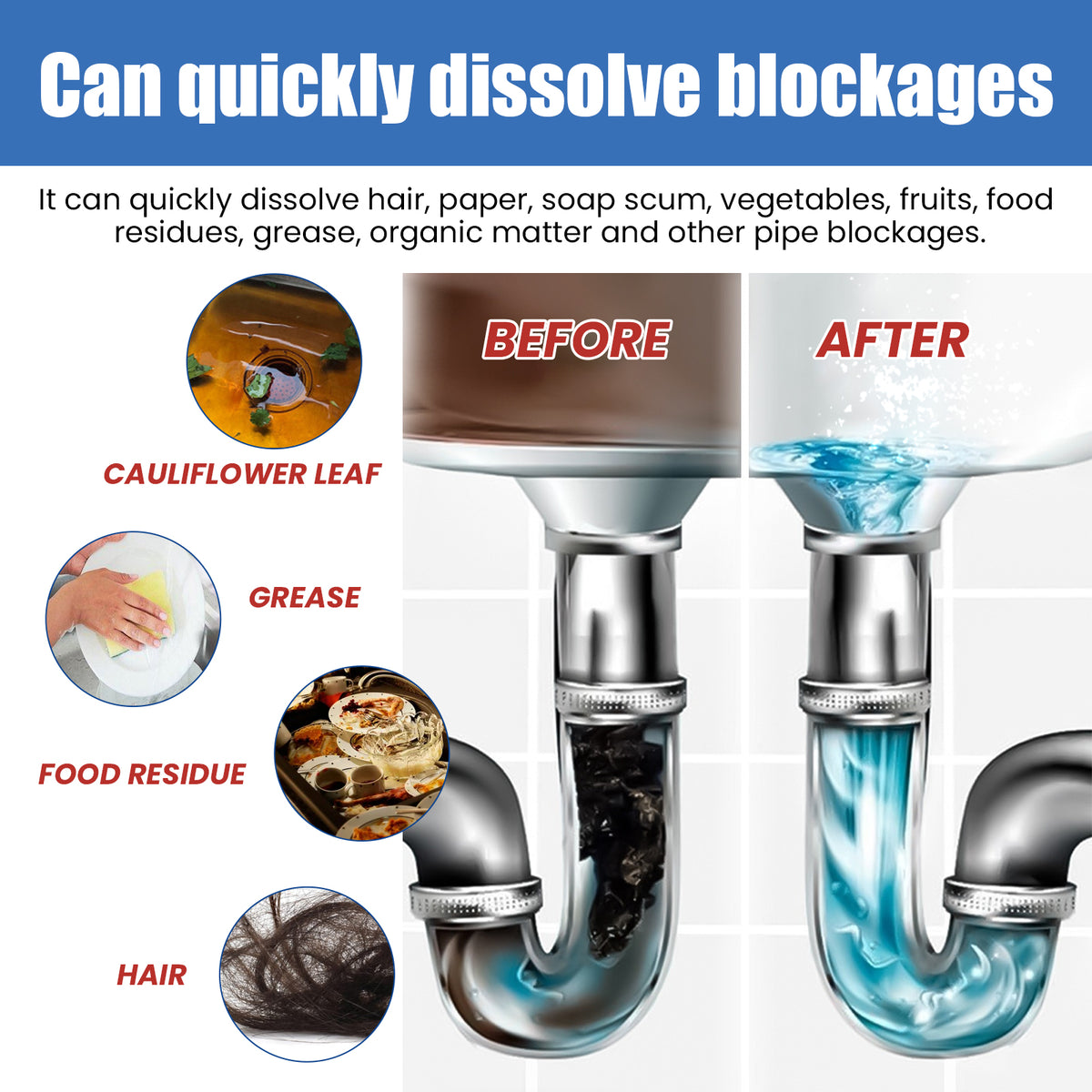 Pipe Drain Cleaner for Hair, Grease & Food Blockages