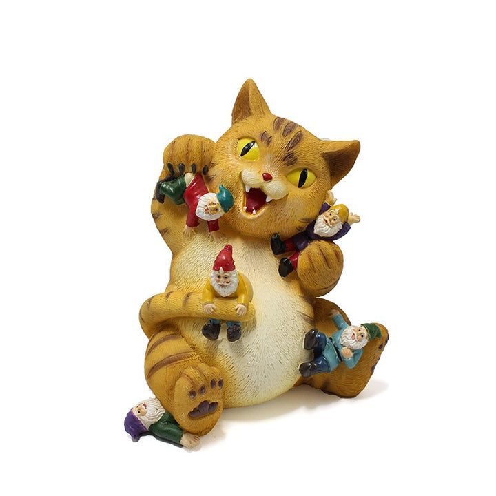 Whimsical Outdoor Resin Cat Statue with Seven Gnomes