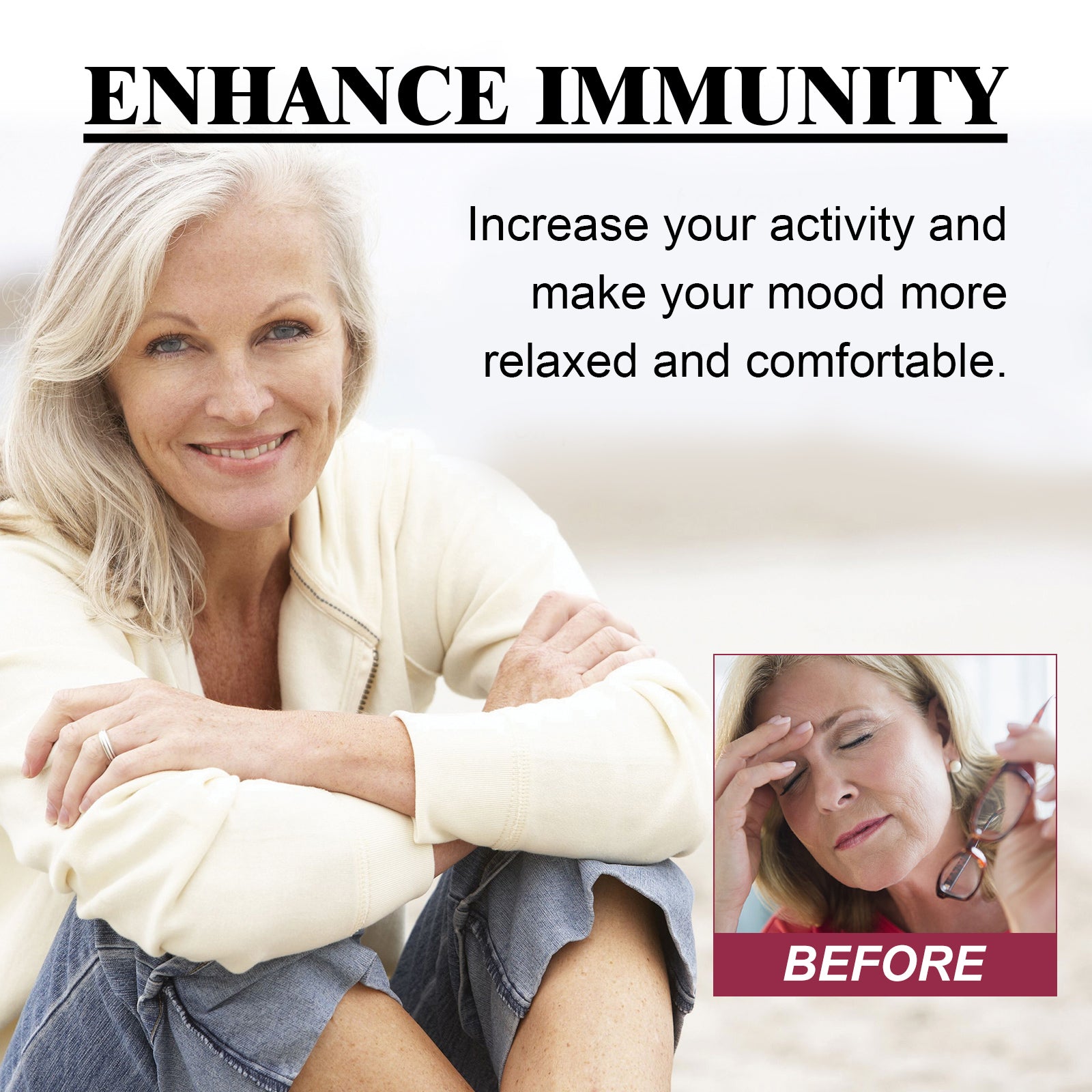 Active senior couple performing side stretches with text 'SOLVE VARIOUS PROBLEMS' featuring four benefit boxes: Boost Immunity, Exclude Impurities, Boost Activity, Reduce Fat