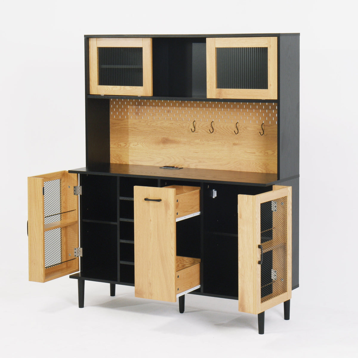 Farmhouse Buffet Hutch with Outlet & Coffee Bar Storage