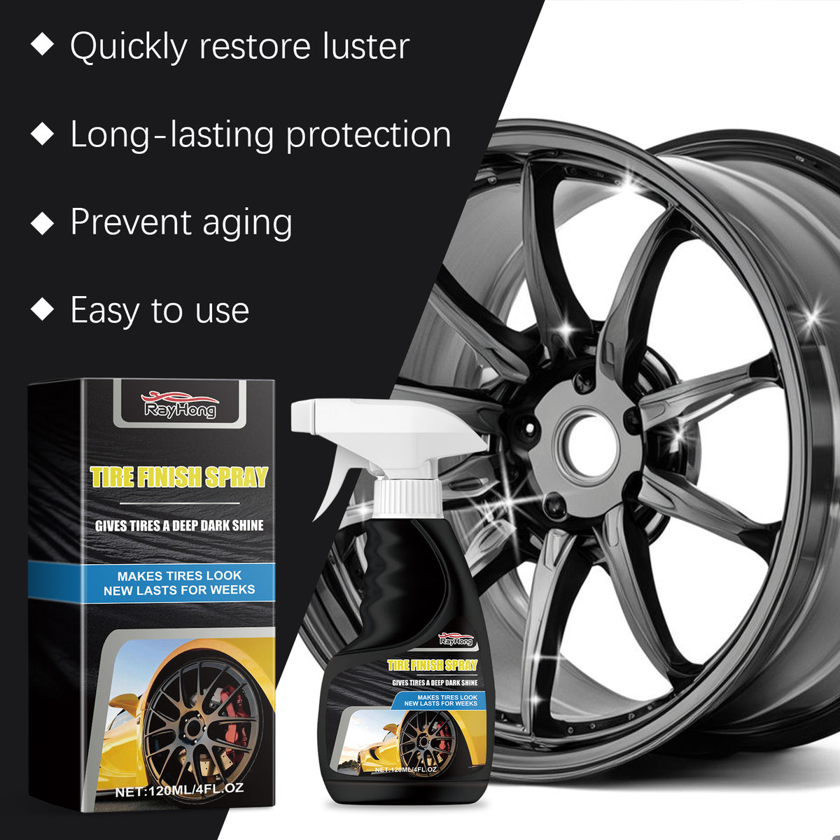 Tire Shine Spray for Deep Dark, Long-Lasting Gloss Finish