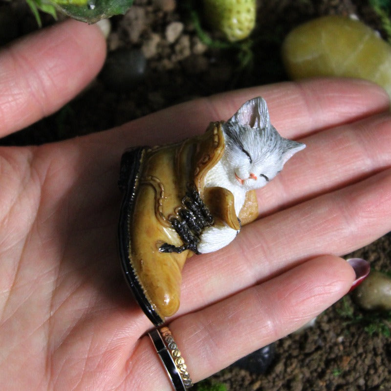 Sleeping Kitten Boot Resin Figurine for Fairy Gardens