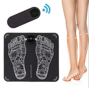 EMS foot massager mat with remote control and thermal circulation visualization on legs