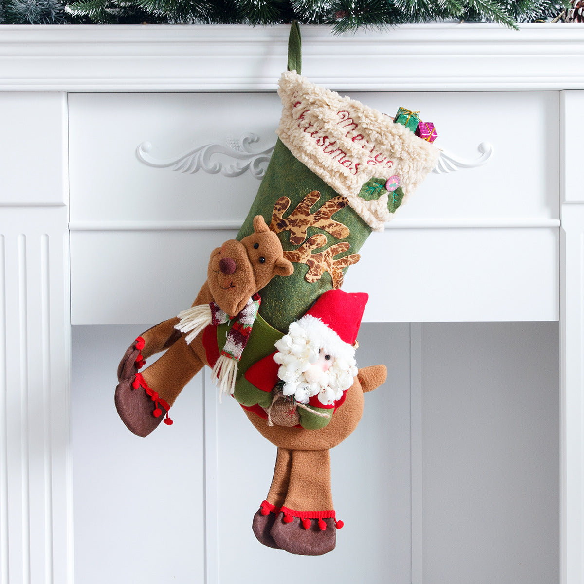 Christmas Stocking With Plush Reindeer & Snowman Decor