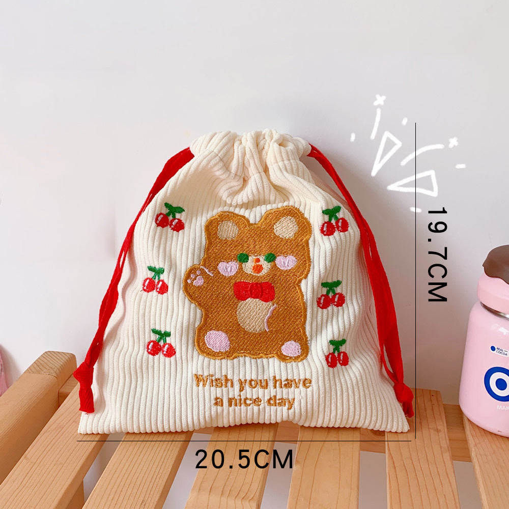 Embroidered Corduroy Drawstring Pouch for Small Items