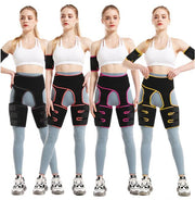 Four full-body front views showing same model wearing white sports bra and grey leggings with different colored hip shapers (no trim, pink, magenta, and gold accents)