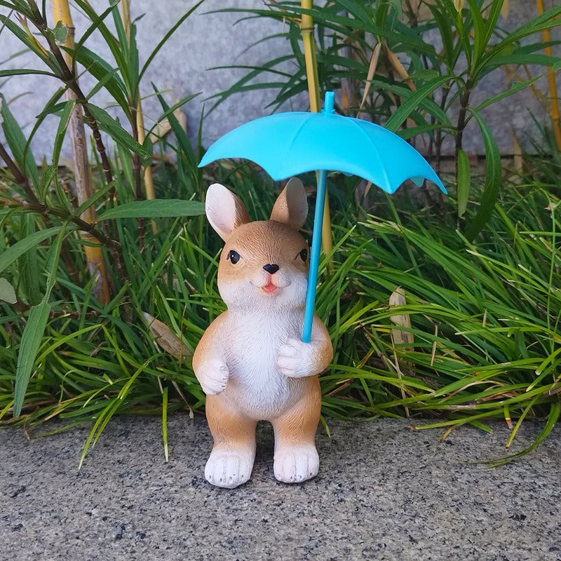 Garden Bunny Figurine with Teal Umbrella for Patio Decor