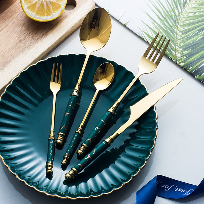 Gold Ceramic Handle Flatware Set, 5-Piece Dinner Cutlery