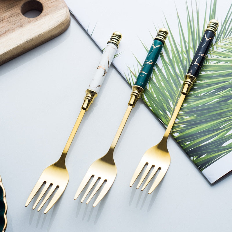 Gold Ceramic Handle Flatware Set, 5-Piece Dinner Cutlery