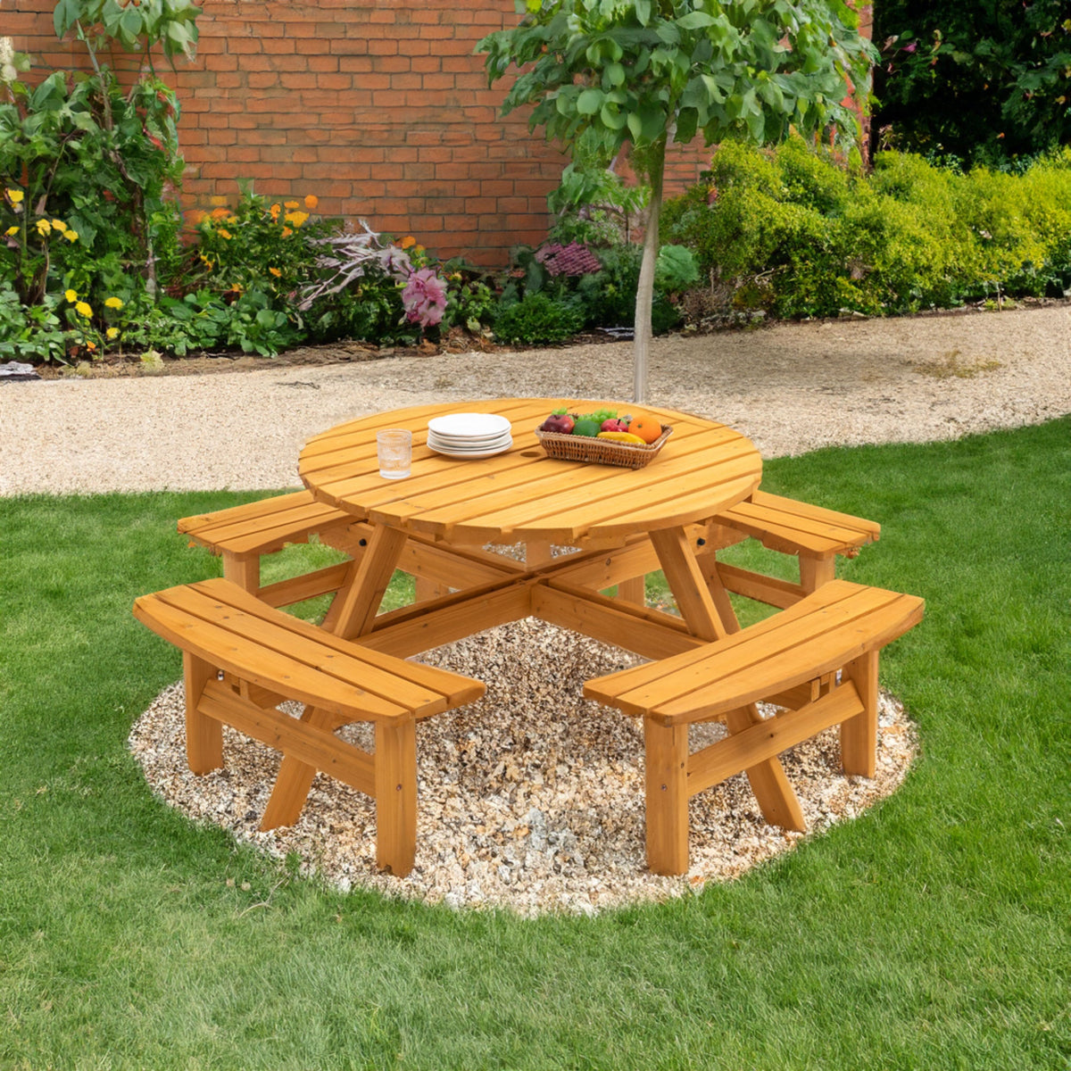 6-Person Round Wooden Picnic Table with 3 Built-in Benches