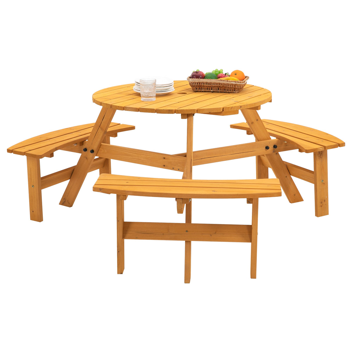 6-Person Round Wooden Picnic Table with 3 Built-in Benches