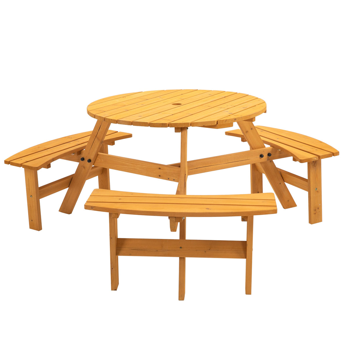 6-Person Round Wooden Picnic Table with 3 Built-in Benches