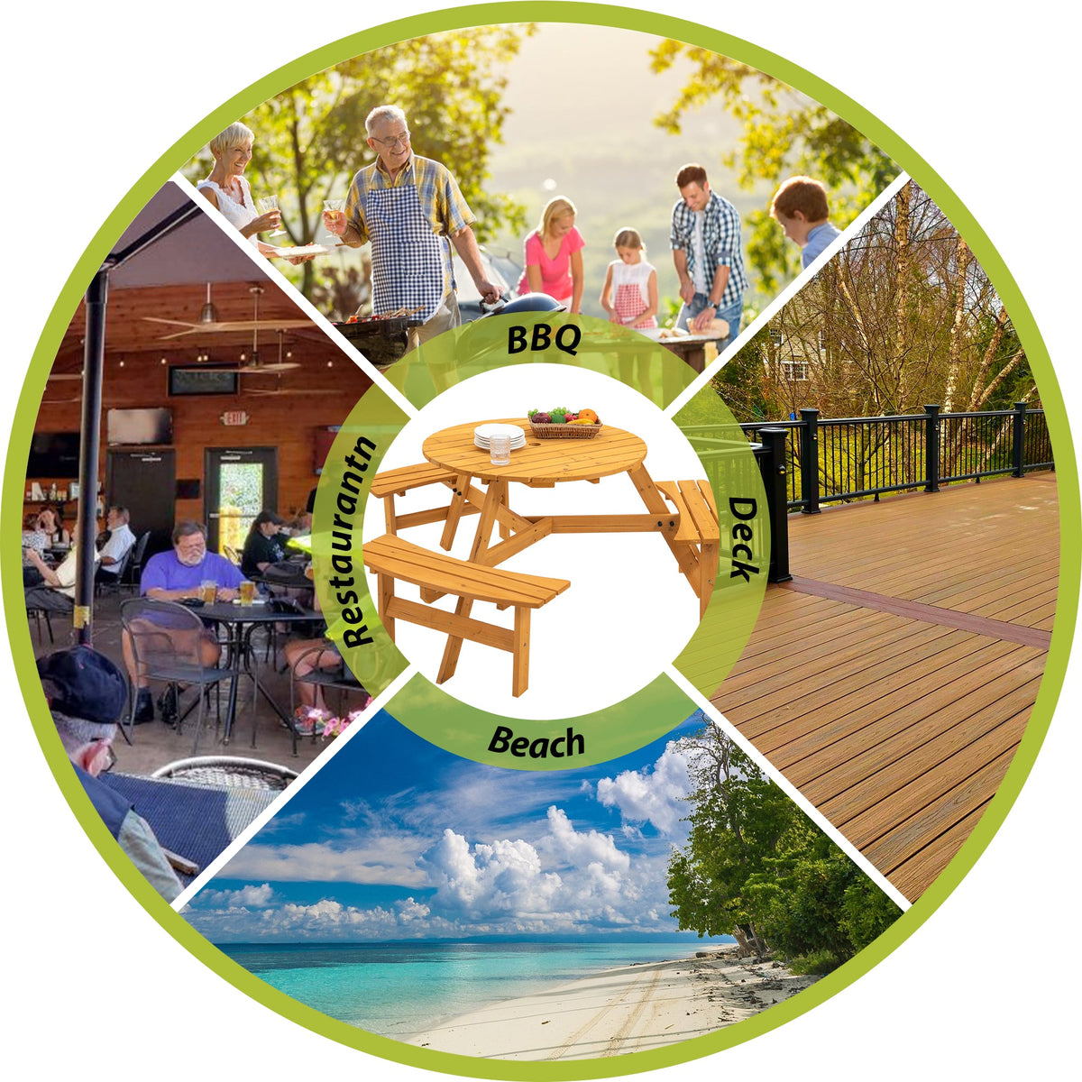 6-Person Round Wooden Picnic Table with 3 Built-in Benches