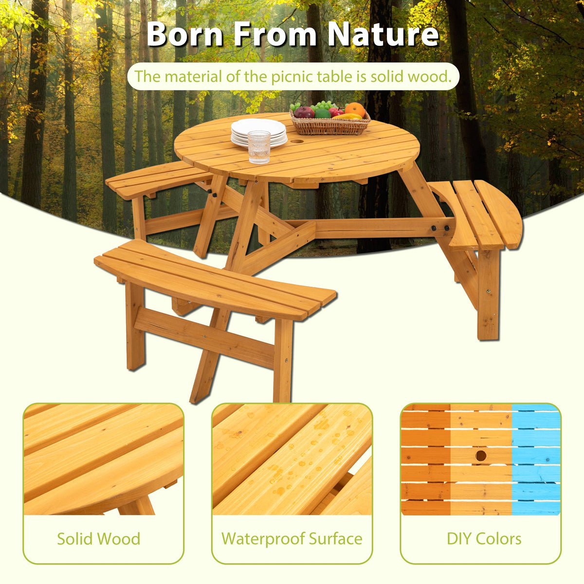 6-Person Round Wooden Picnic Table with 3 Built-in Benches