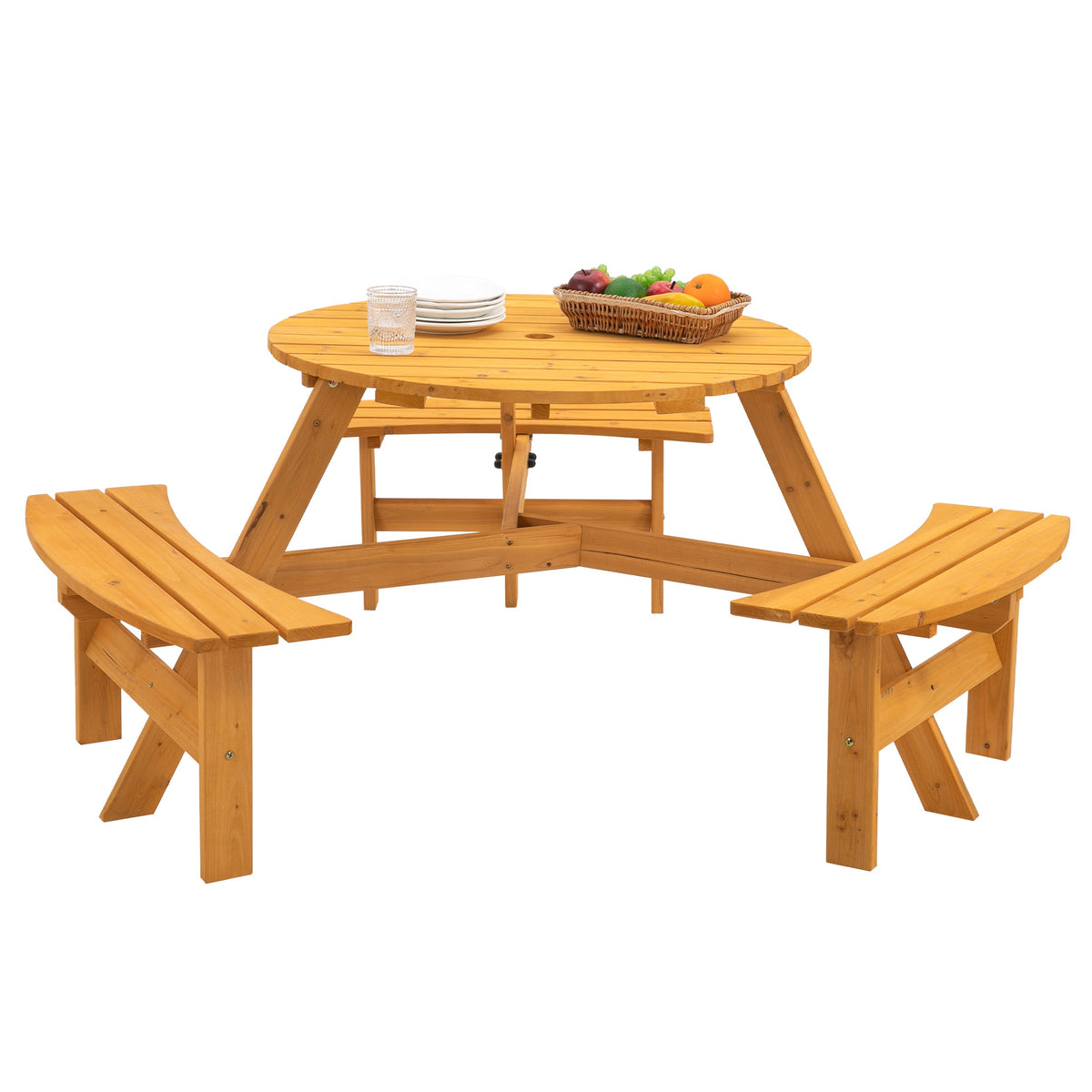 6-Person Round Wooden Picnic Table with 3 Built-in Benches