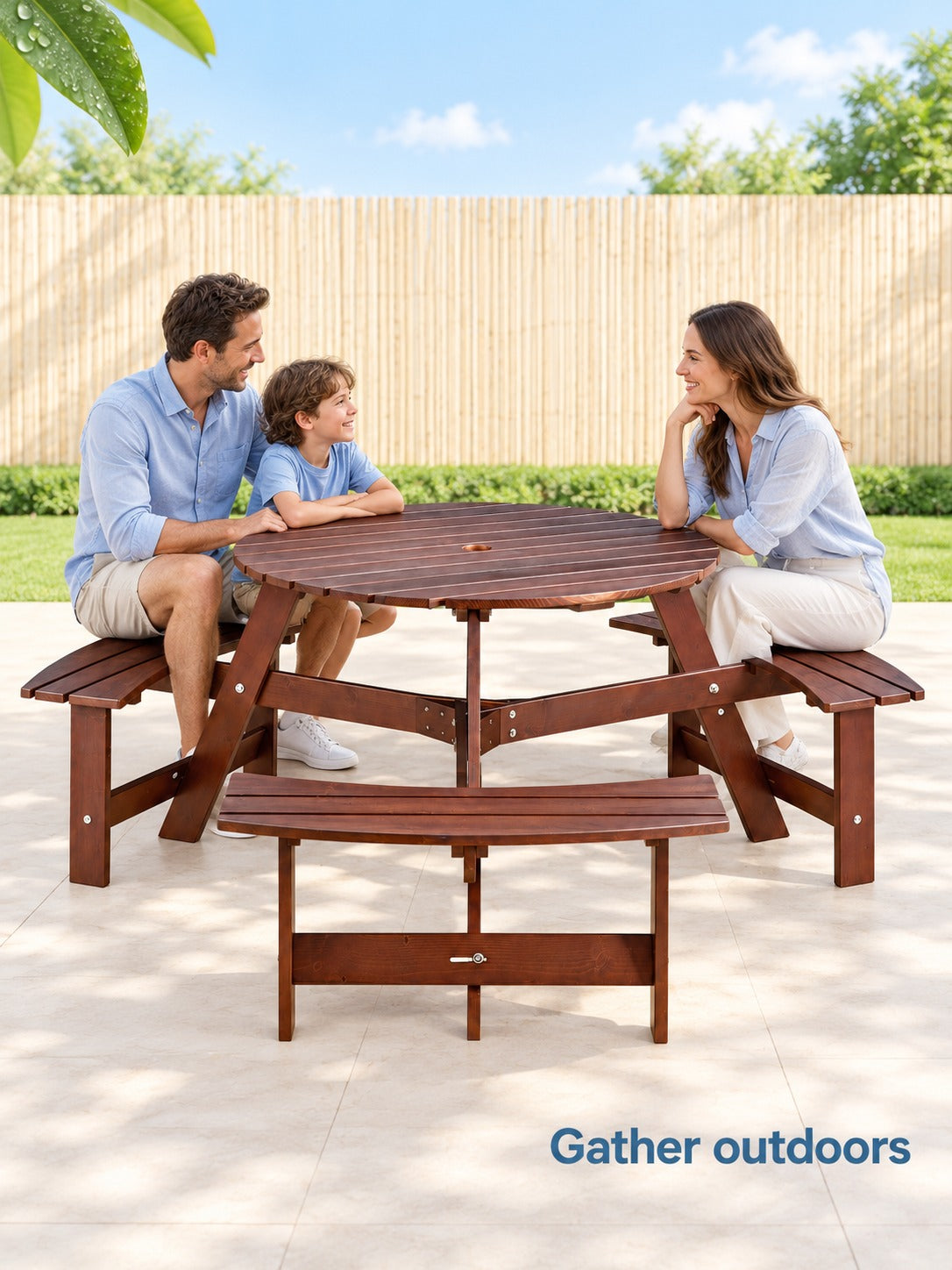 6-Person Circular Wooden Picnic Table with Umbrella Hole