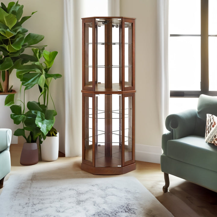Walnut Corner Curio Cabinet with Light and Mirror
