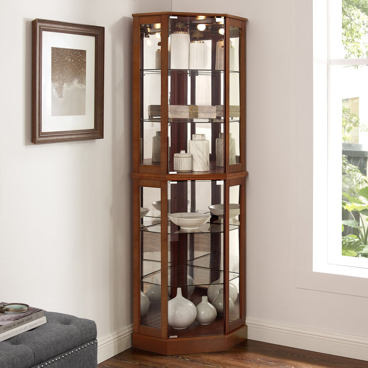 Walnut Corner Curio Cabinet with Light and Mirror