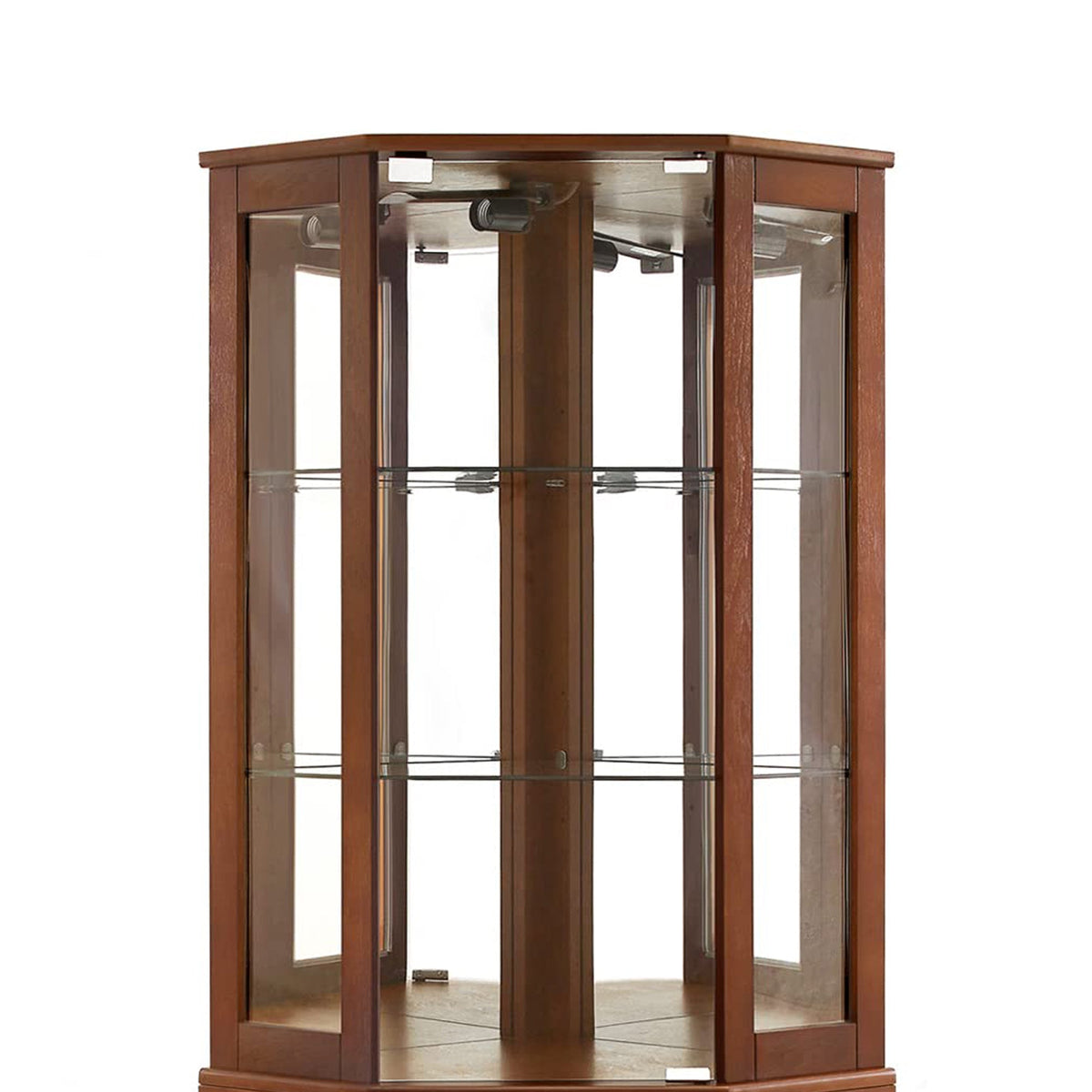 Walnut Corner Curio Cabinet with Light and Mirror