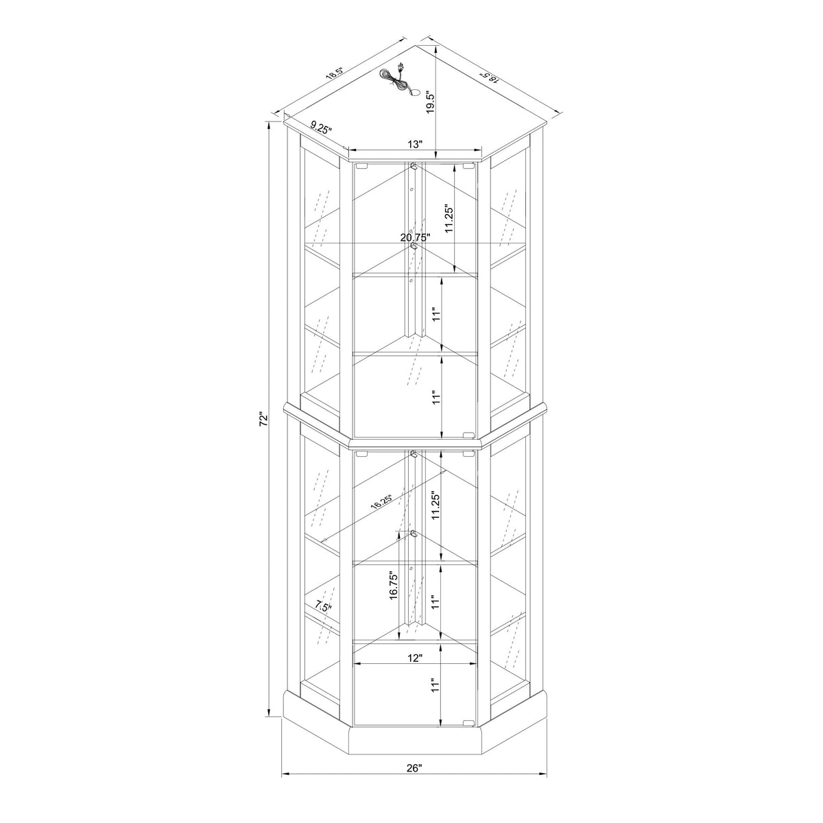Walnut Corner Curio Cabinet with Light and Mirror