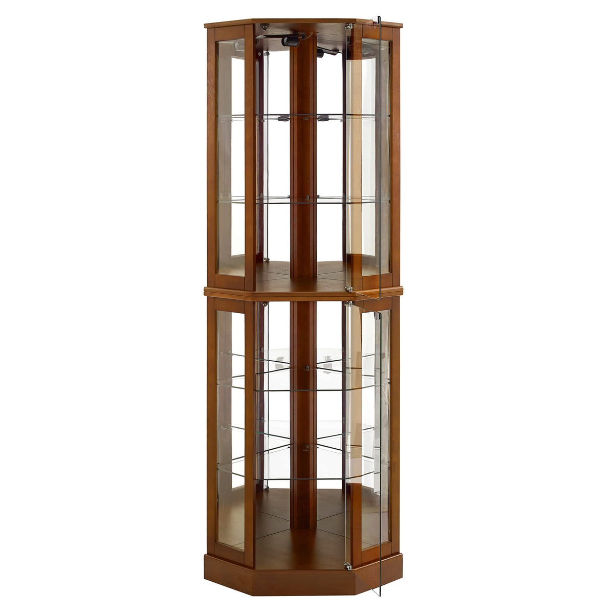 Walnut Corner Curio Cabinet with Light and Mirror