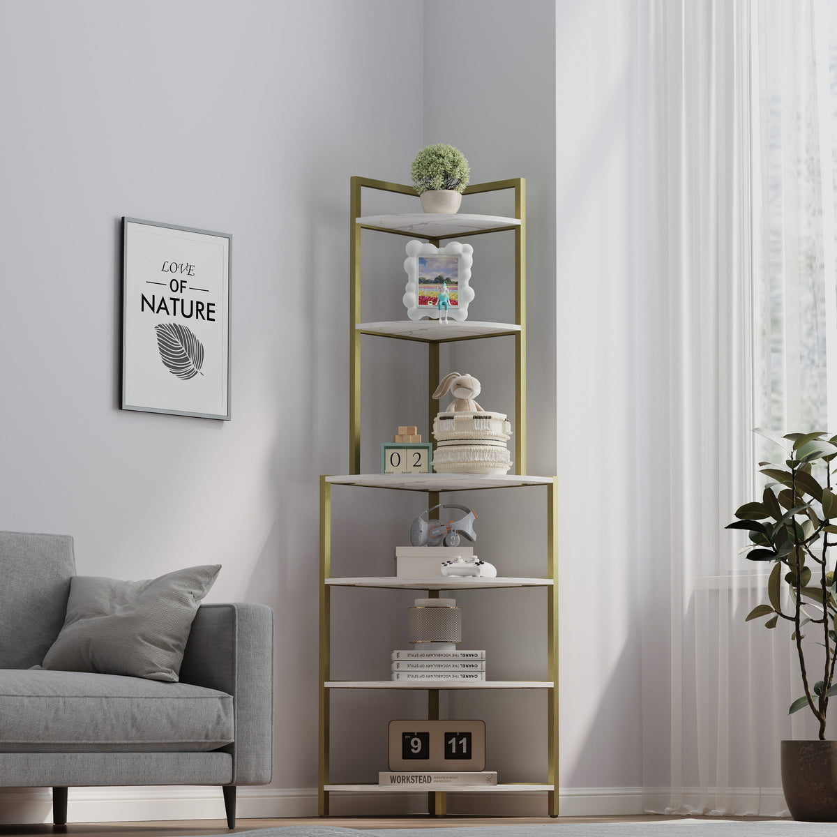 6-Tier Corner Bookshelf with Gold Frame and Marble Shelves