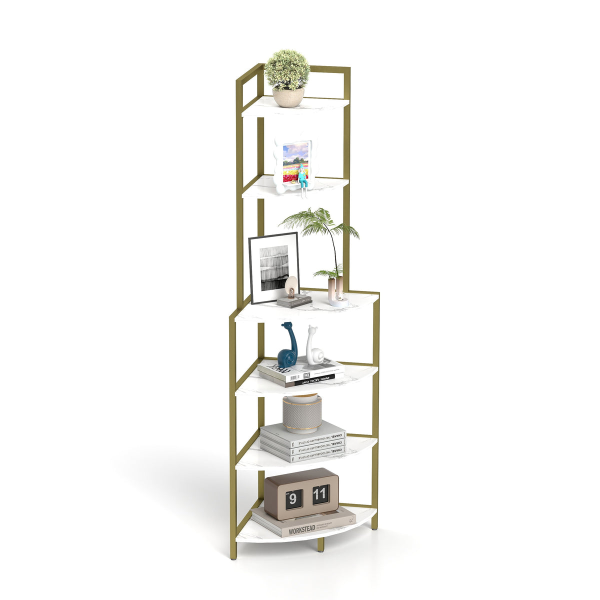 6-Tier Corner Bookshelf with Gold Frame and Marble Shelves