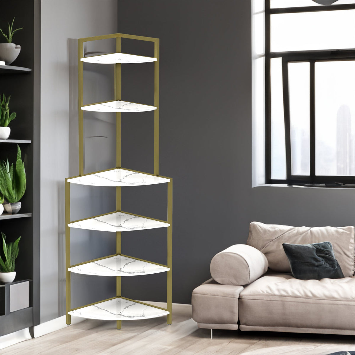 6-Tier Corner Bookshelf with Gold Frame and Marble Shelves