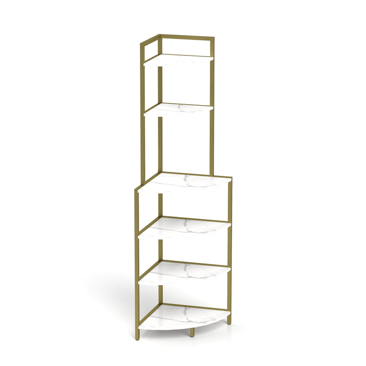 6-Tier Corner Bookshelf with Gold Frame and Marble Shelves
