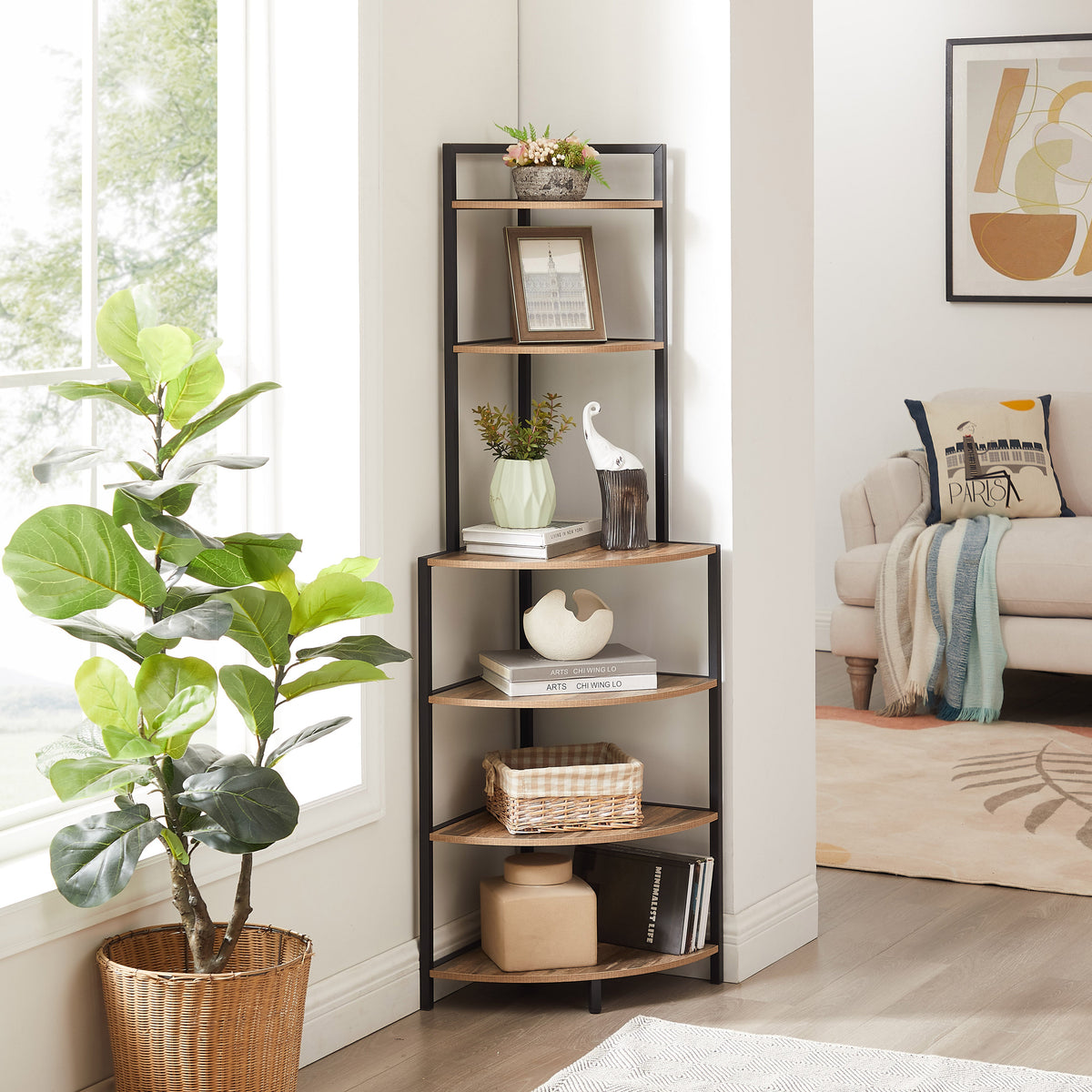 6-Tier Corner Bookshelf for Small Rooms, Metal Frame
