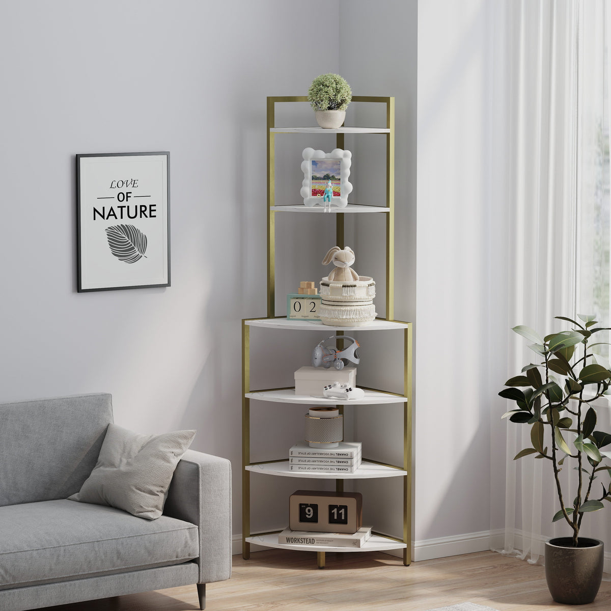 6-Tier Corner Bookshelf with Gold Frame and Marble Shelves