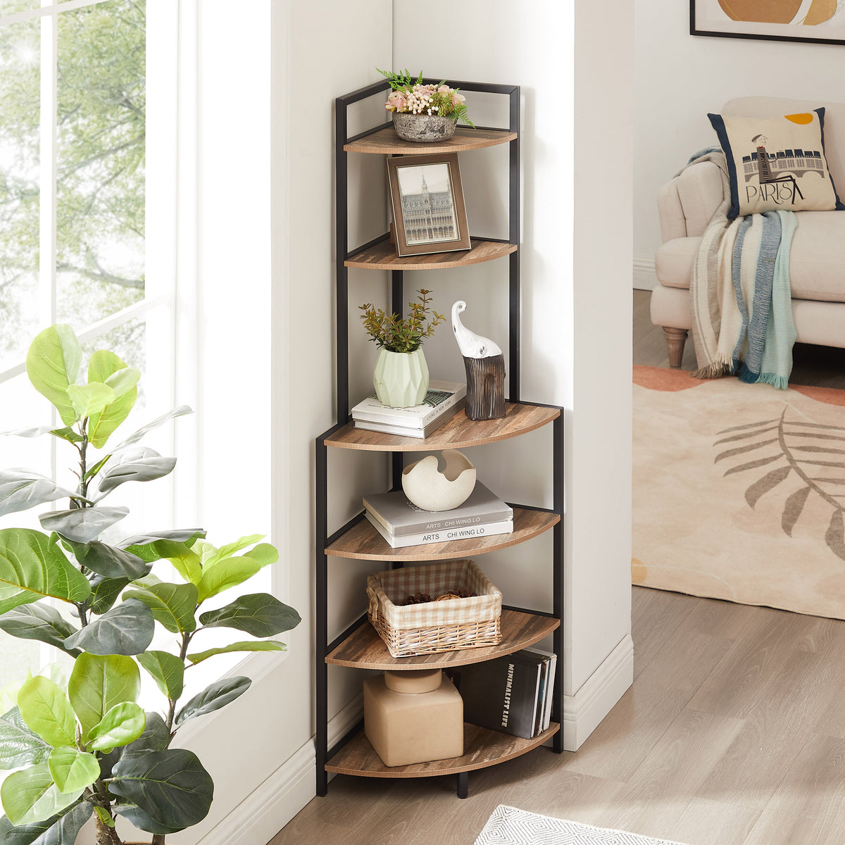 6-Tier Corner Bookshelf for Small Rooms, Metal Frame
