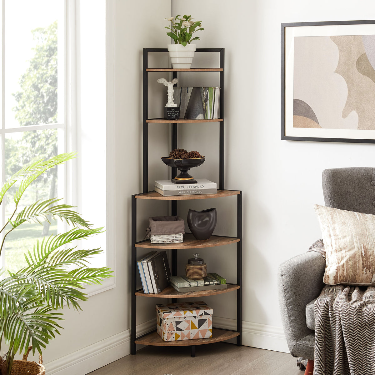 6-Tier Corner Bookshelf for Small Rooms, Metal Frame