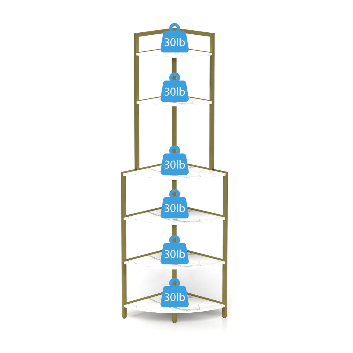 6-Tier Corner Bookshelf with Gold Frame and Marble Shelves