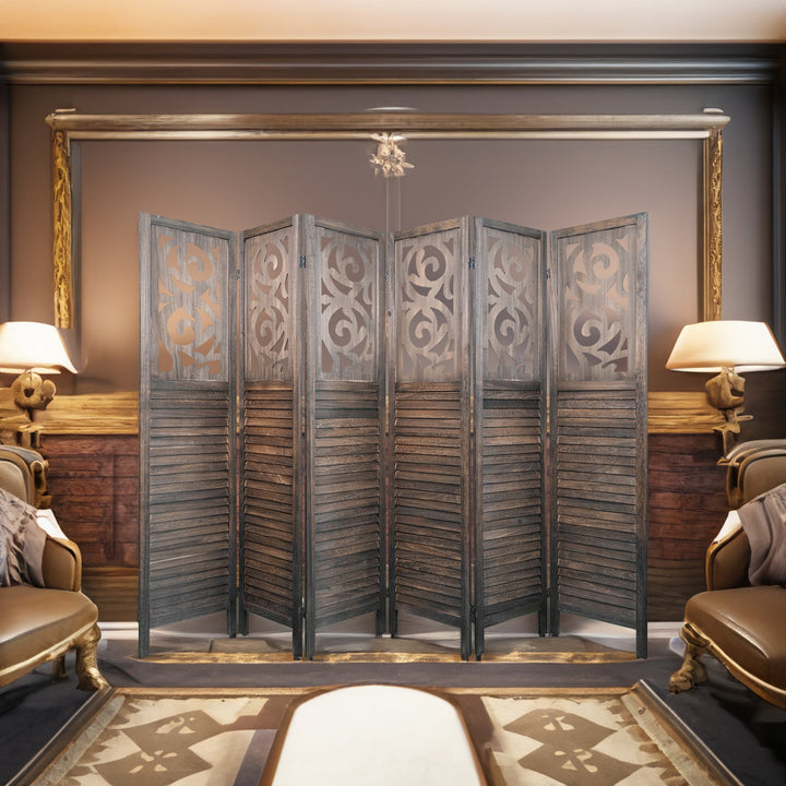 Carved Wooden Room Divider Screen, 6FT Brown