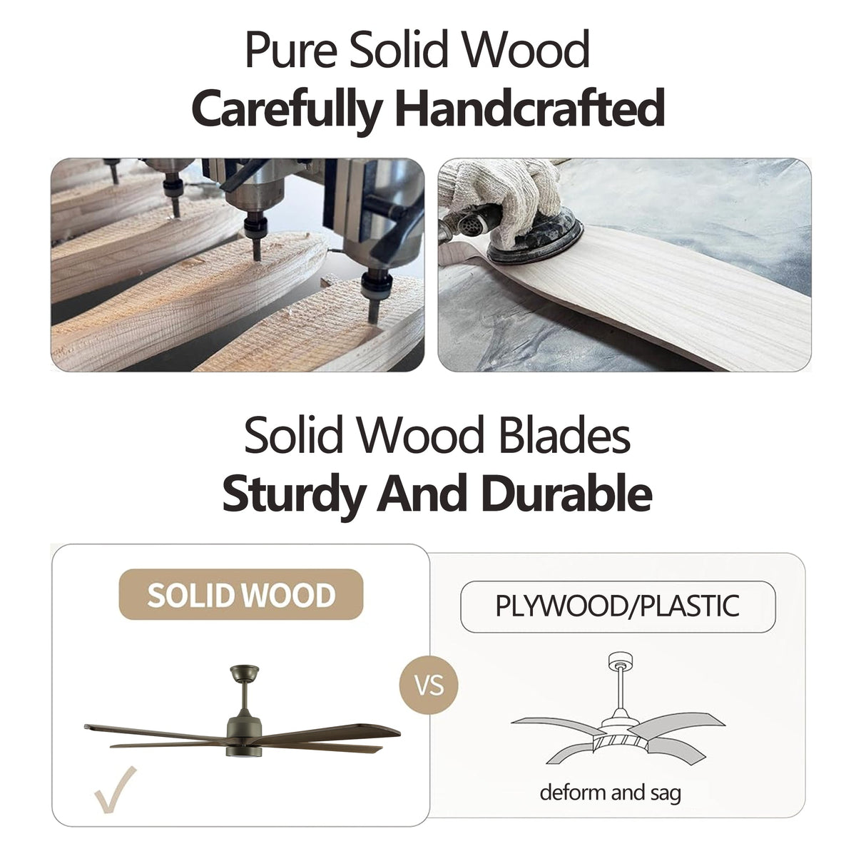 Solid Wood Ceiling Fan with Reversible Motor and Light