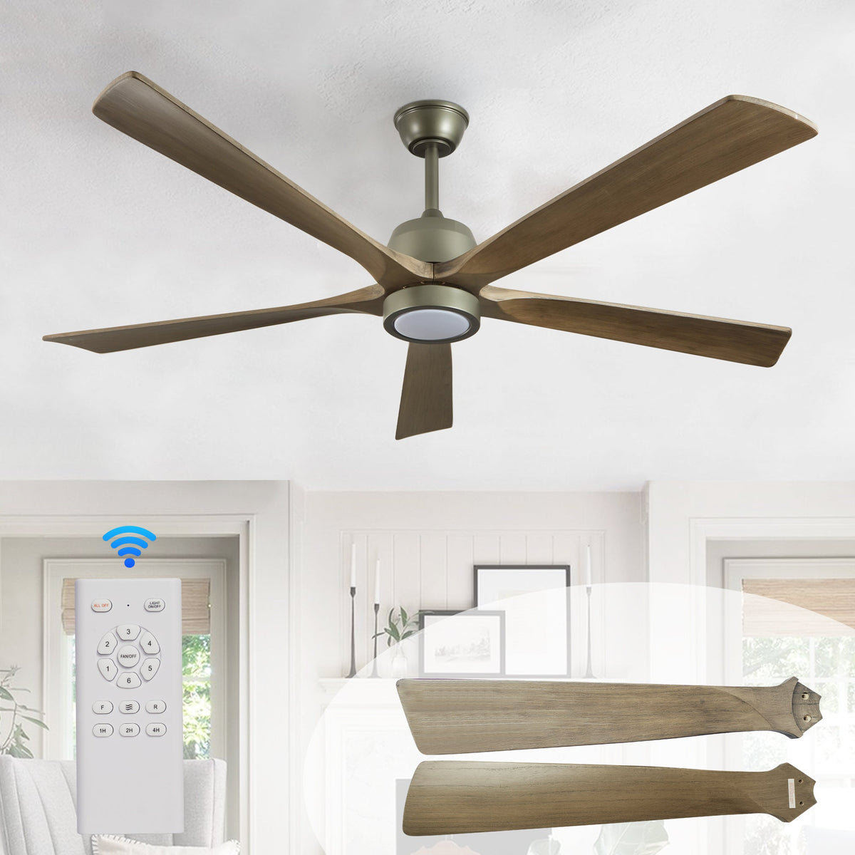 Solid Wood Ceiling Fan with Reversible Motor and Light