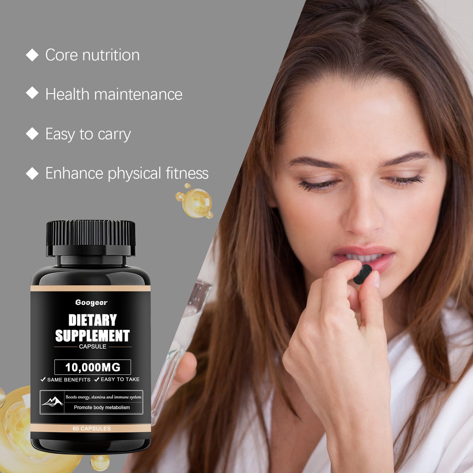Close-up of bottle with benefit callouts: Core nutrition, Health maintenance, Easy to carry, Enhance physical fitness with golden supplement droplet icon