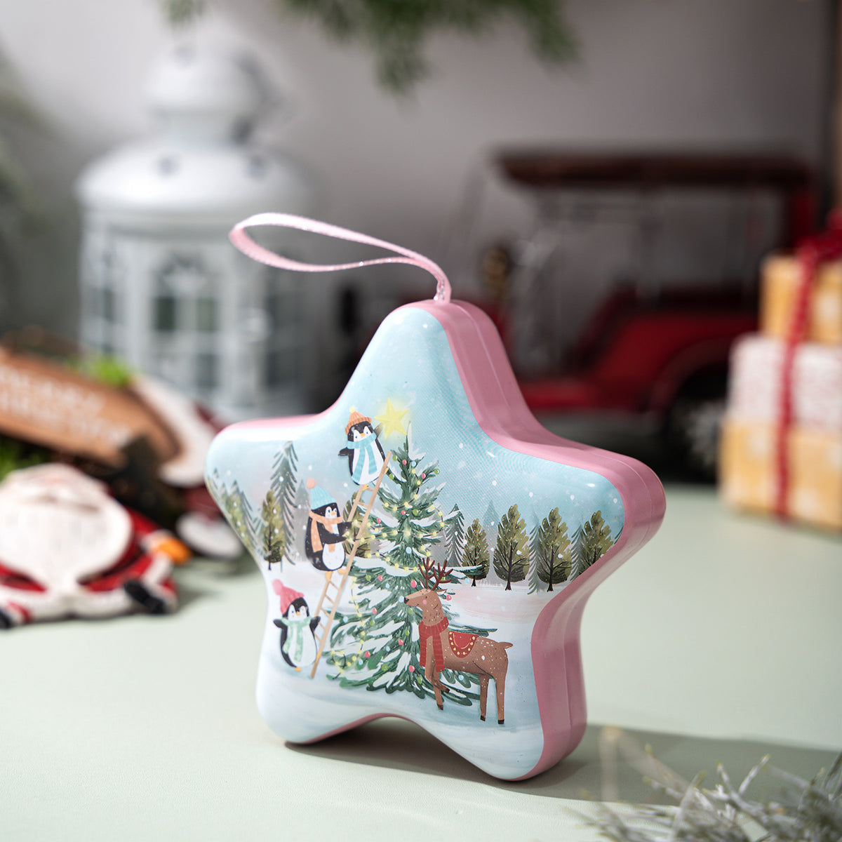 Christmas Star Candy Box Tin with Hanging Ornament