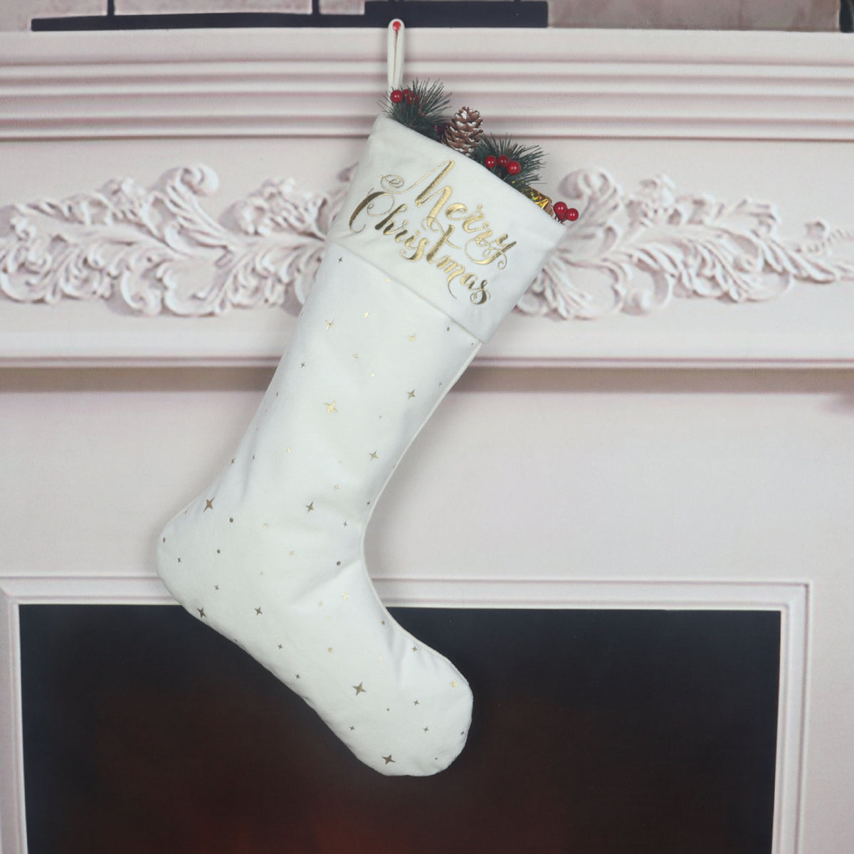 Christmas Stocking Set With Gold Embroidery, 3-Piece Decor
